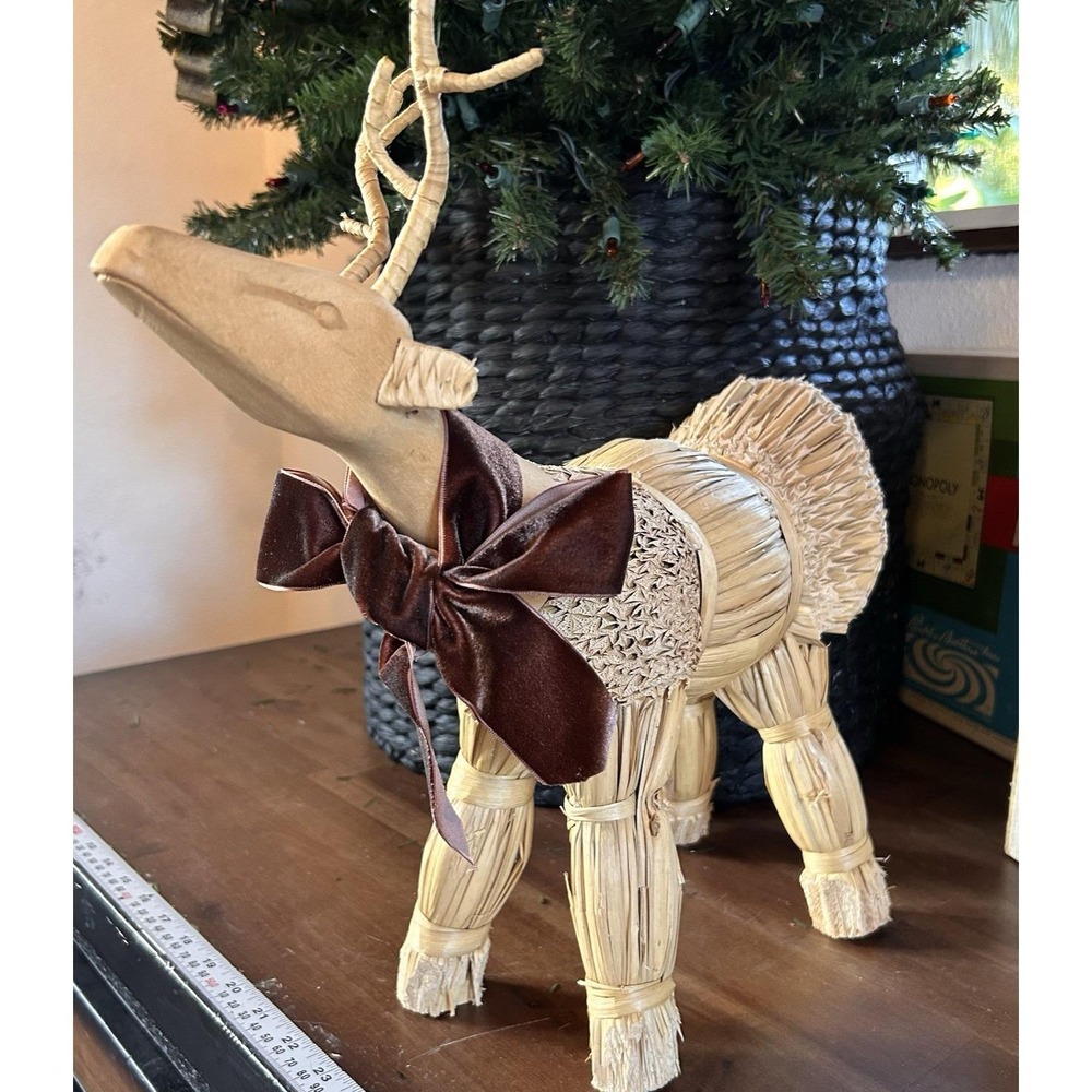 Vintage Handmade Reed Wood Deer Reindeer Cornhusk Folk Art Rustic Cabin Decor